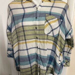 Free People Year Round oversized Plaid Blue Combo Gauzy button down shirt Small